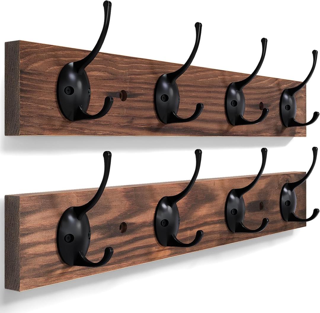 2 Pack Coat Hooks Wall Mount,Wooden Wall Hat Rack with 4 Hooks for Hanging Coat,Bag,Towel(Brown)