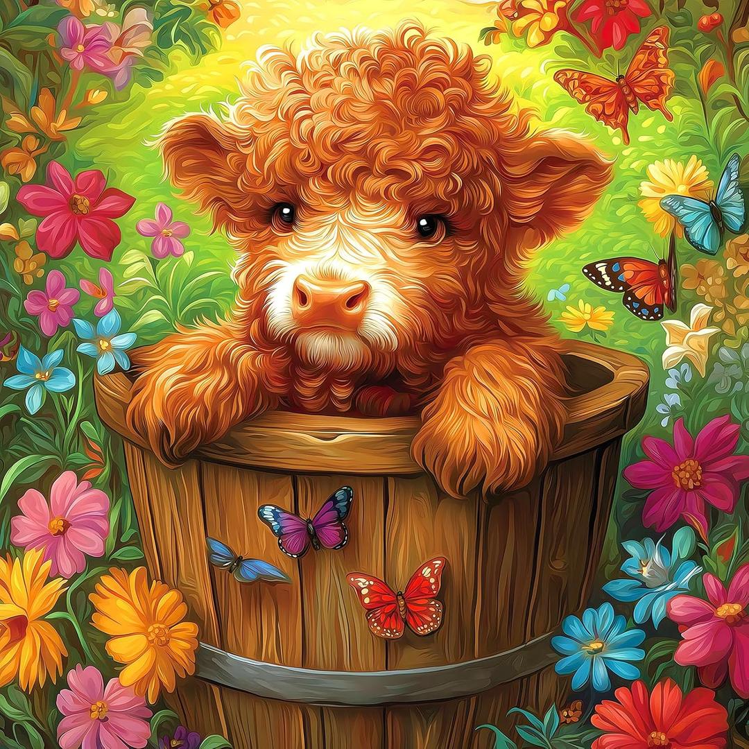 500-Piece Jigsaw Puzzle - Cute Highland Cow with Butterfly & Flower Design - Unique Challenging Family Puzzle, 20x20 Inches - Ideal Gift for Adults & Puzzle Enthusiasts