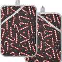 Kitchen Potholder Candy Cane Christmas Black Pot Holders Set of 2 Heat Resistant Potholders Oven Hot Pads with Pockets for Countertop Trivet Baking Cooking BBQ