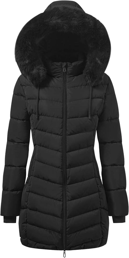ASPO Women's Long Winter Coats Waterproof Warm Puffer Down Jacket Fleece Lined Parka with Faux Fur Removable Hood (Black, M)