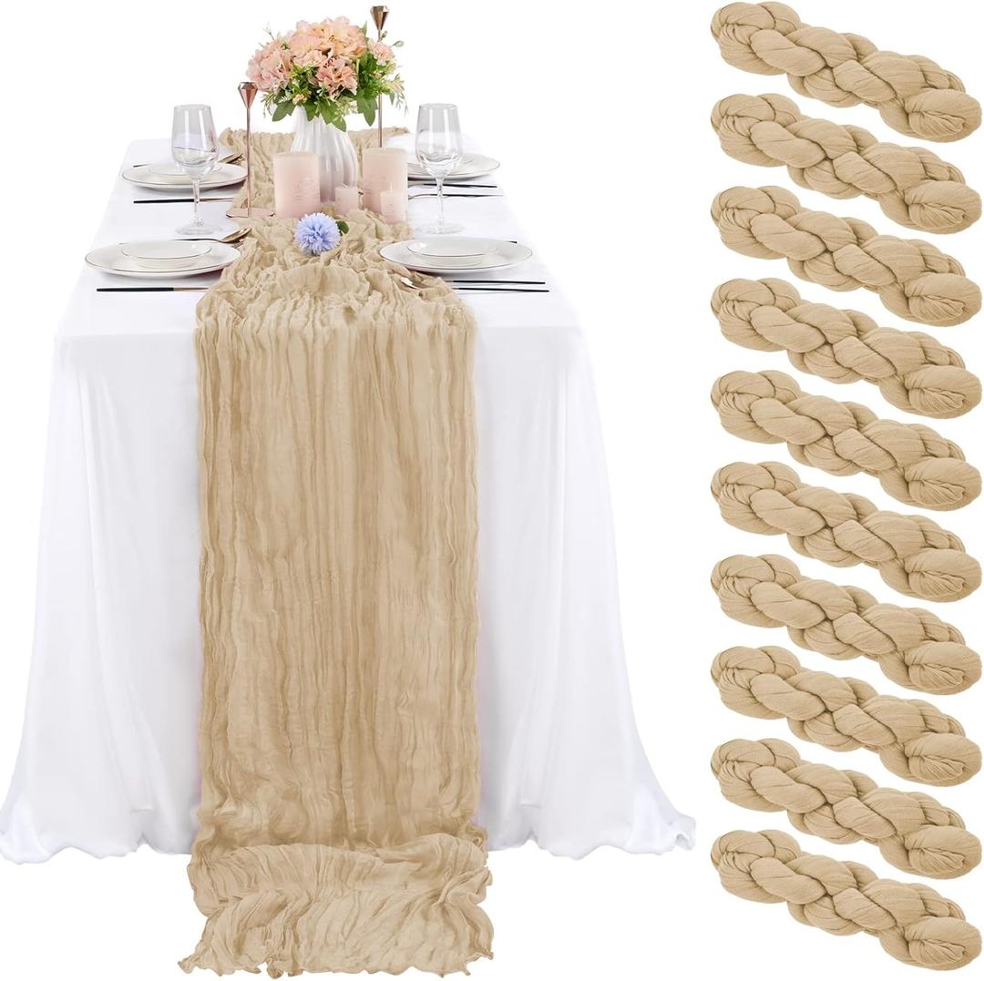 10 Pcs Beige Cheesecloth Table Runner 10FT, Gauze Table Runner for Wedding Reception Sheer Bridal Shower Birthday Party Boho Table Decoration, Rustic Romantic Wedding Runner