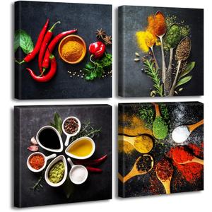 Kitchen Wall Decor Colorful Spices Seasoning Spoon Canvas Wall Art Vintage Painting Picture for Modern Home Dining Room Contemporary Artwork Decoration Stretched and Framed Ready to Hang 12"X12"X4"