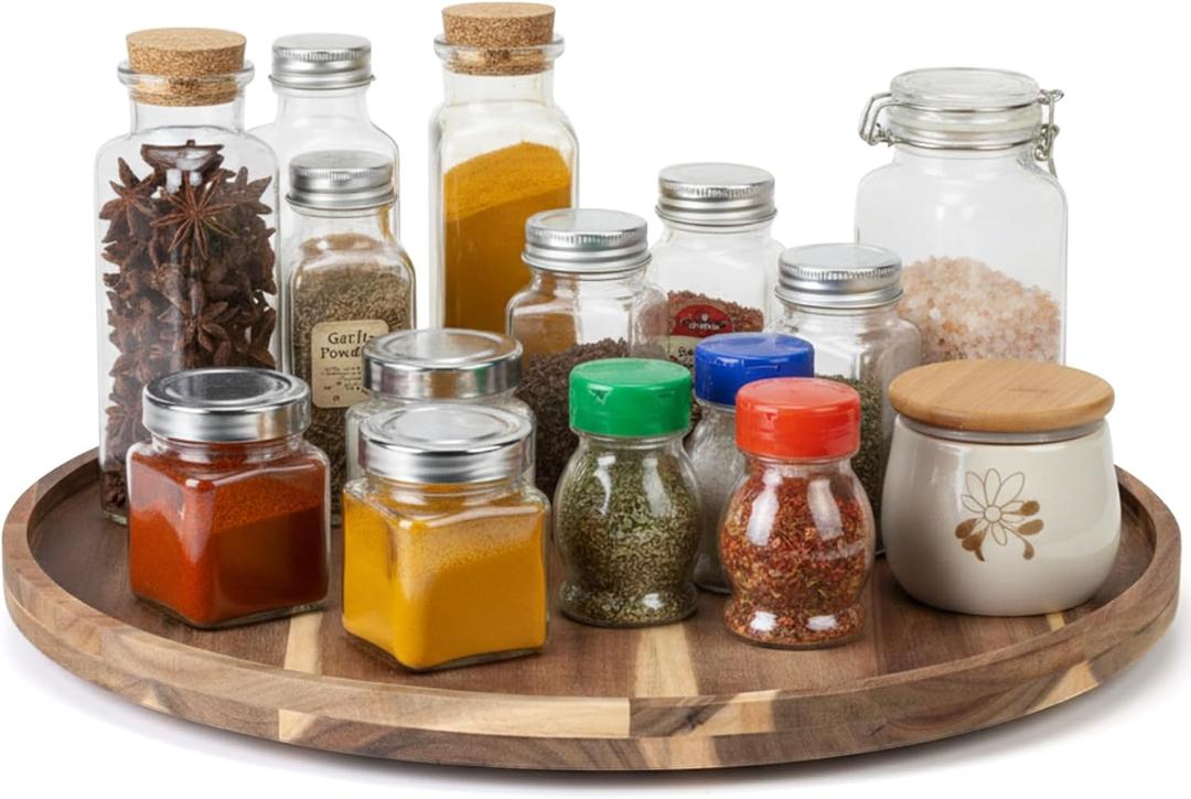 20'' Wood Lazy Susan for Countertop Acacia Large Turntable Rotating Serving Tray for Table Top Non Skid Kitchen Tray Revolving Condiment Spice Rack Table Organization Storage, Natural