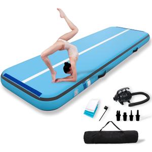 Inflatable Gymnastics Mat Tumble Track (8 Inches Thick) - 10ft/13ft/16ft/20ft Air Floor Training Mats for Home Use, Cheerleading, Water Fun & Camping - Includes 500W Electric Pump & Carbon Pattern (Blue)