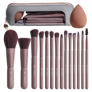 BS-MALL 14 Pcs Makeup Brushes Set with 1 Pcs Makeup Sponge Essential Foundation Powder Concealers, Eye Shadows, Blush Makeup Brushes with Travel Makeup Case (Brown)