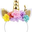 Nishine Unicorn Horn Floral Headband Glitter Ears Pony Head Bands Tiara for Girls Party Birthday Cosplay (Gold&pink)