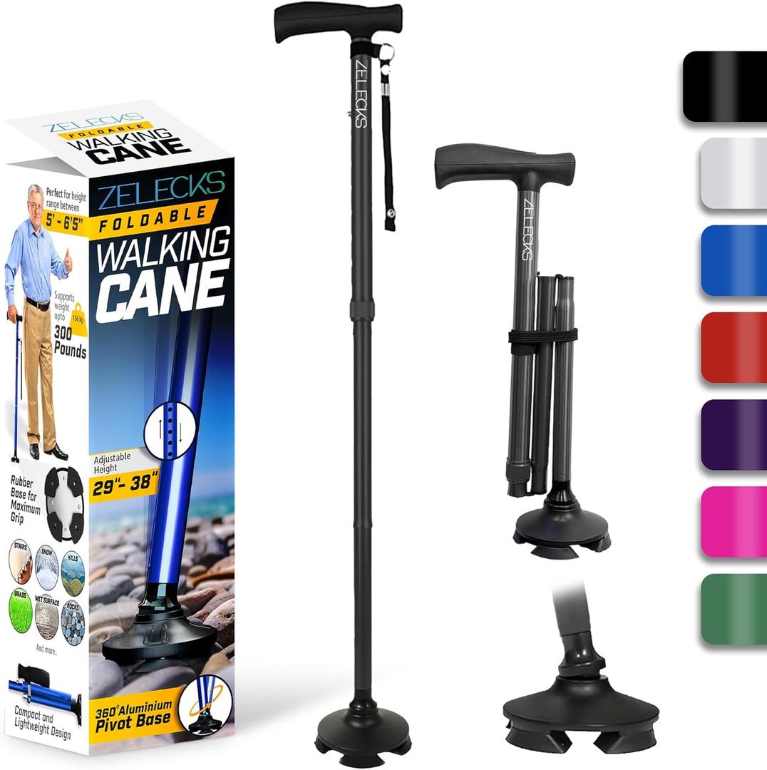 ZELECKS Walking Cane for Women & Men - Self Standing Adjustable Folding Cane with T Handle and 360 Pivot Base - Lightweight Foldable Walking Stick for Seniors - Collapsible Cane for Walking