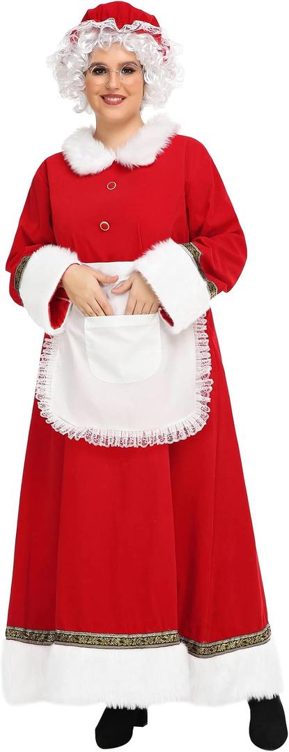 ABALAGU Mrs. Claus Costume for Women 5PCS Santa Dress Outfit Adult Christmas Santa Costume Plus Size, Large