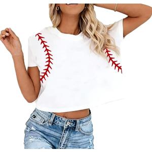 Womens Baseball Crop Tops Cute Game Day T-Shirts Beach Vacation Shirt Casual Summer Short Sleeve Workout Tops (White, L)