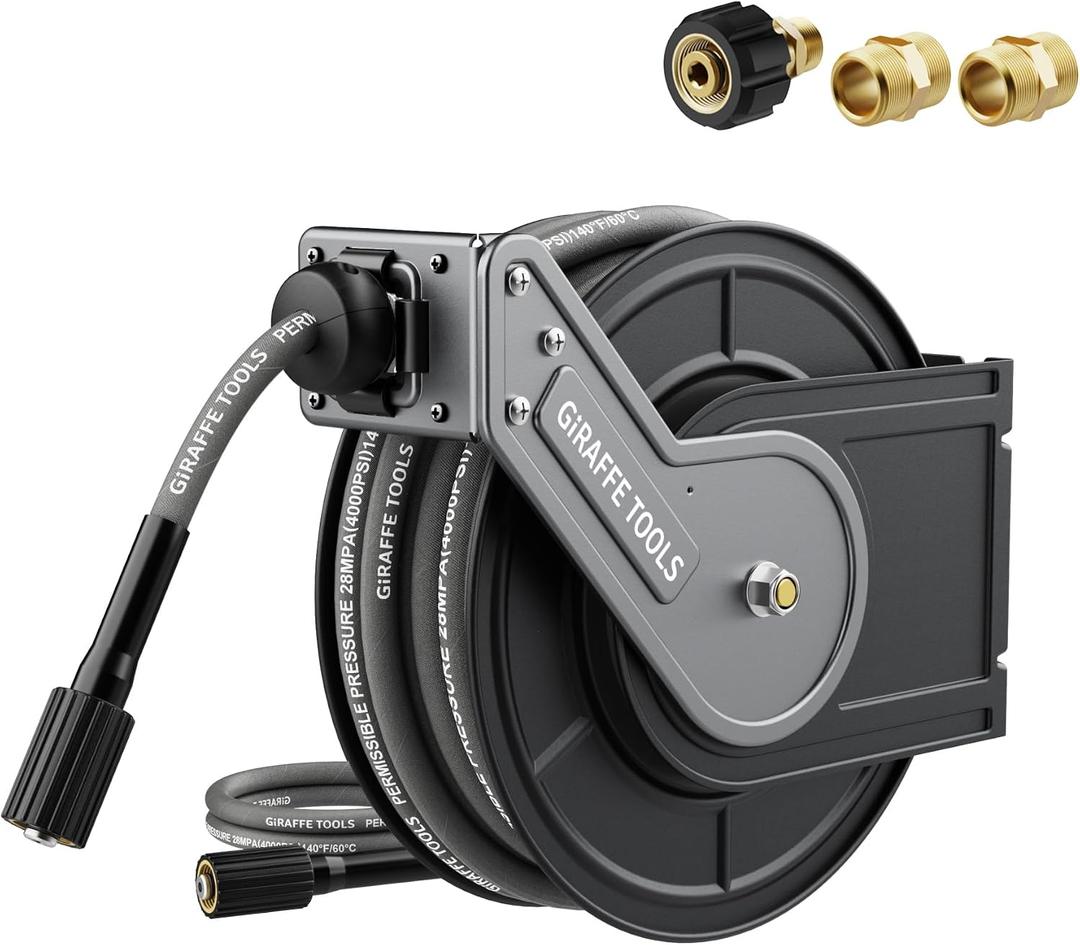 Giraffe Tools Pressure Washer Hose Reel with Replaceable 60FT Hose, 4000PSI