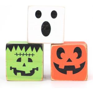 Halloween Square Wood Block Decorations - Fall Pumpkin Ghost Decorations,Spooky Tiered Tray Decorations,Halloween Party Photo Props,Pumpkin Ghosts Square Wooden Blocks Home Decorations
