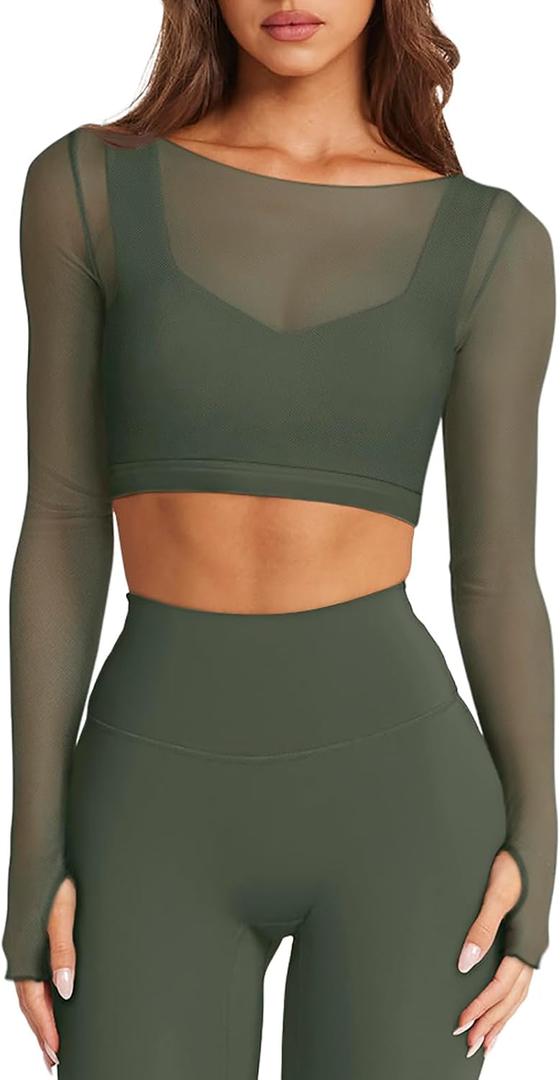 LASLULU Mesh Long Sleeve Crop Tops for Women Double Lined Workout Athletic Gym Shirts Cropped Tops with Built in Bra (Green, L)