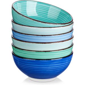 vancasso Bonita 27 Oz Cereal Bowls Set of 6, Blue Ceramic Bowls for Kitchen, 6 Inch Soup Bowls, Dishwasher & Microwave Safe