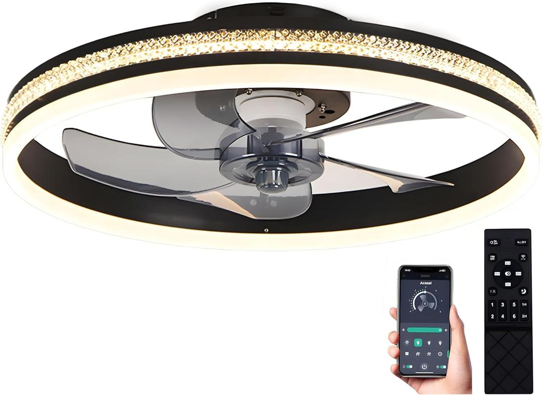 20inch Ceiling Fans Lights,68W Flush Mount Ceiling Fan with Ceiling Lights,Dimmable 3CCT,App Control,Remote Control,Timer,6 Wind Speeds Smart Low Profile Ceiling Fan for Room (B-Black)
