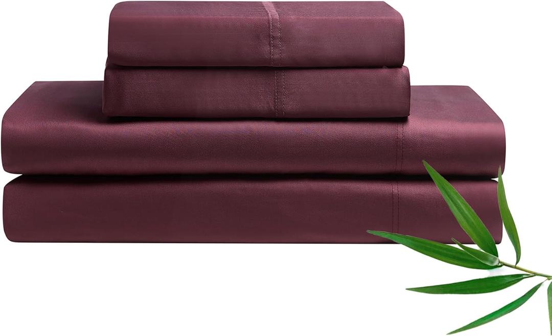 YnM Cooling Bed Sheet Set with 100 Percent Rayon Derived from Bamboo, 400TC Fabric with 2 Pillowcases and Flat Sheet, Deep Pocket Fit 19'', Silky-Soft & Sweat Wicking, 4 Piece (Queen, Rose Purple)