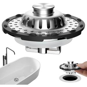Universal Bathtub Drain Stopper Shower Drain Hair Catcher, Tub Stopper with Visible Top Strainer, Upgraded 3 in 1 Pop-up Drain Plug Fit for 1.5 to 2.4" Hole, Stainless Steel Filter Basket, Chrome
