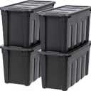 IRIS USA 31 Gallon Heavy Duty Storage Totes with Easy-Grip Handles, 4 Pack - Large Bins with Lids Garage Organizing Tubs, Durable Stackable Utility Containers, Made in USA - Black