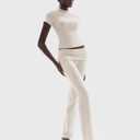 PUMIEY Women's 2 Piece Lounge Sets Short Sleeve Tops Fold-Over Flare Pants Casual Outfits Matching Set Nap Collection (Beige, S)