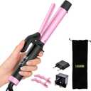 Travel Curling Iron 1 Inch,Small Curling Iron for Short Hair,Dual Voltage Curling Iron 110-240V with European Plug,Curling Iron with Clamp & Ceramic Barrel,5 Temp Digital Display,Auto Off,Temp Lock (Pink)