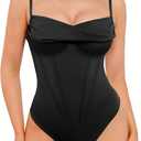Popilush Corset Bodysuit for Women Tummy Control Shapewear Cowl Neck Tops Thong Bodysuits Concert Outfits (XL (10-12), Black)
