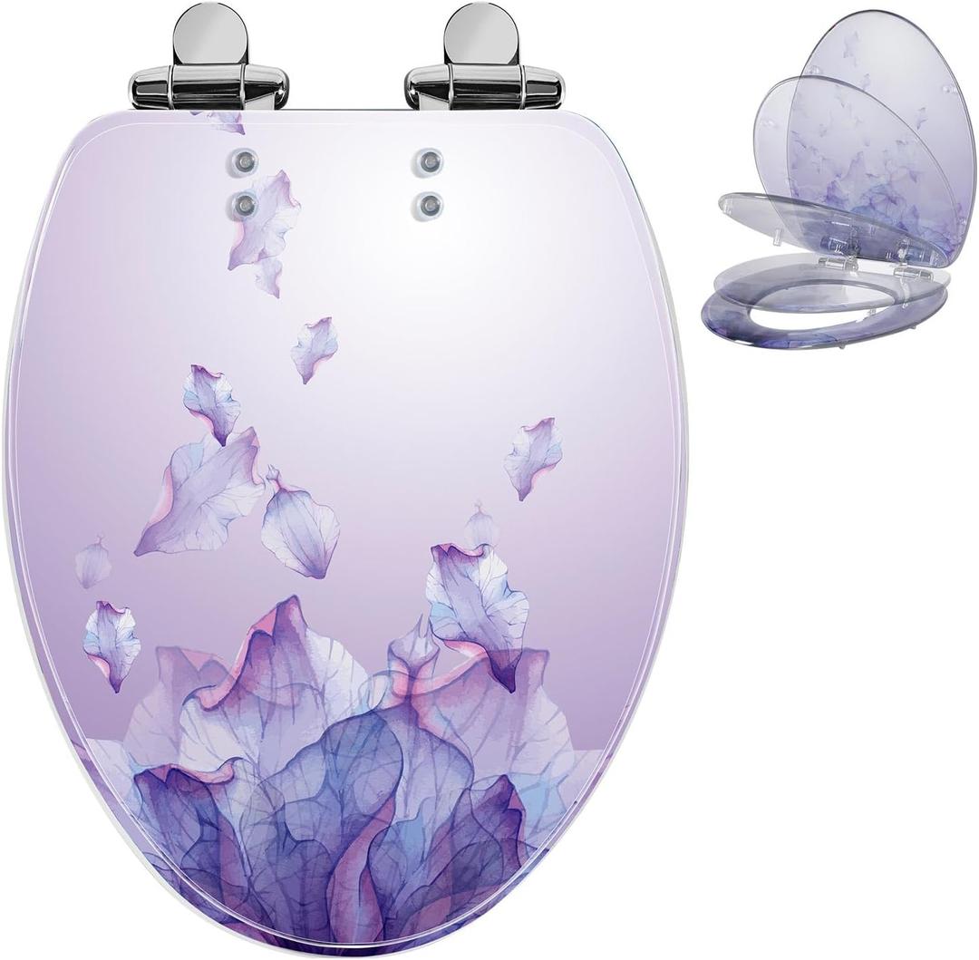 Elongated Resin Toilet Seat Purple Bathroom Decor, Slow Quiet-Close Lid and Seat Heavy Duty for Standard Toilets, Easy Installation & Cleaning (19 Inch,Purple Petals,Upgraded hinge)