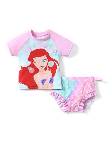 Disney Princess Mermaid Ariel Little Girls 2 Piece Tankini Swimsuit Summer Rash Guard Bathing Suits UPF 50+ Beach Short Sleeve Swimwear Holiday Pool Swim Suit Ruffle Swimming Suit Kid Pink 4-5 Years