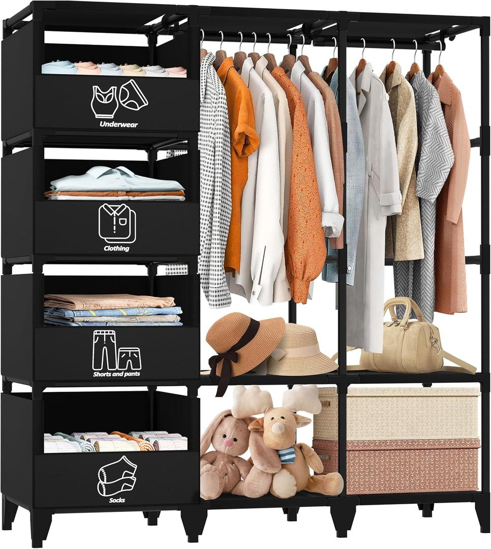 Portable Closet, Easy Assembly, Large Capacity Wardrobe Closet, Sturdy and Stable Clothes Rack with Shelves 4 Storage Baskets and 2 Hanging Rods, for Bedroom and Cloakroom Black