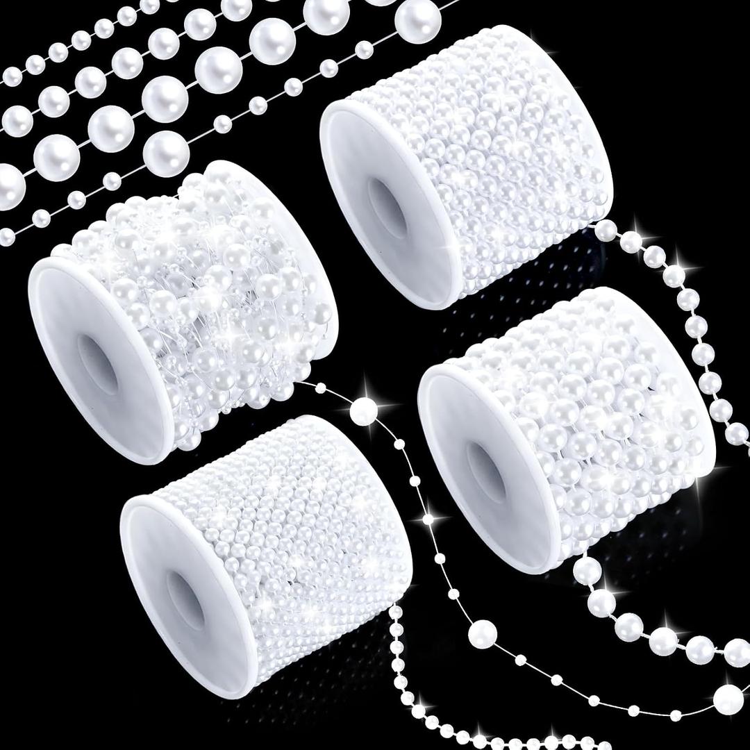 4 Rolls 86 Feet Pearls Garland, Faux String of Pearls Roll Strand for Crafts, Artificial Pearl Beads Trim for Wedding Party Valentine Christmas Flower Decoration, 4mm 6mm 8mm 8+3mm, White