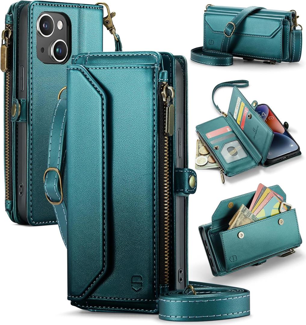 Wallet Case Compatible with iPhone 13 RFID Blocking 7-Card Holder Soft PU Leather Magnetic Snap Shoulder Strap Zipper Pocket Phone Case Fit for iPhone 13 for Women 6.1" - Blue Green