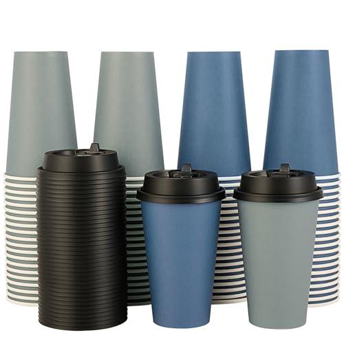 LITOPAK 100 Pack 16 oz Disposable Paper Coffee Cups with Lids for Coffee, Water, Juice, or Tea, Blue and Gray Hot Paper Cups for Home, Restaurant, Store, and Cafe
