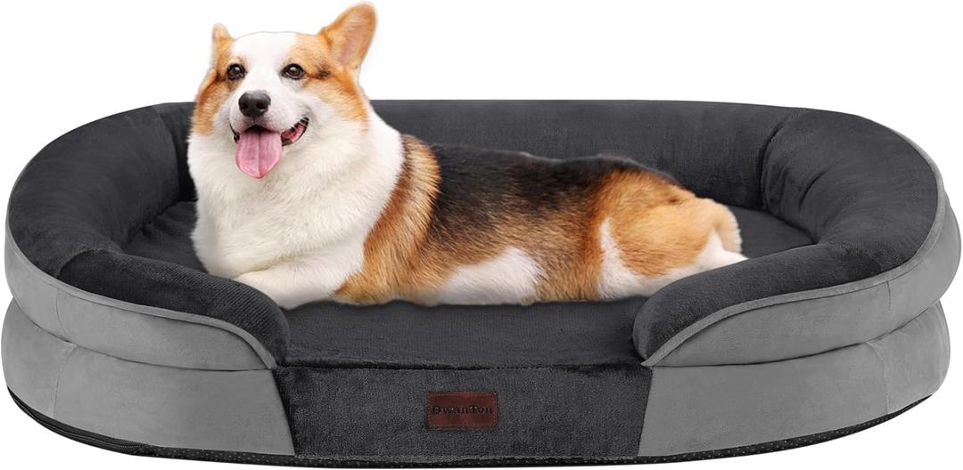 Dwanton Orthopedic Dog Bed for Medium Dogs, Waterproof Dog Sofa with Egg Foam Support, Washable Pet Bed with Four Sided Bolster Cushion, with Removable Cover & Non-Slip Bottom, 35 Inches, Dark Gray