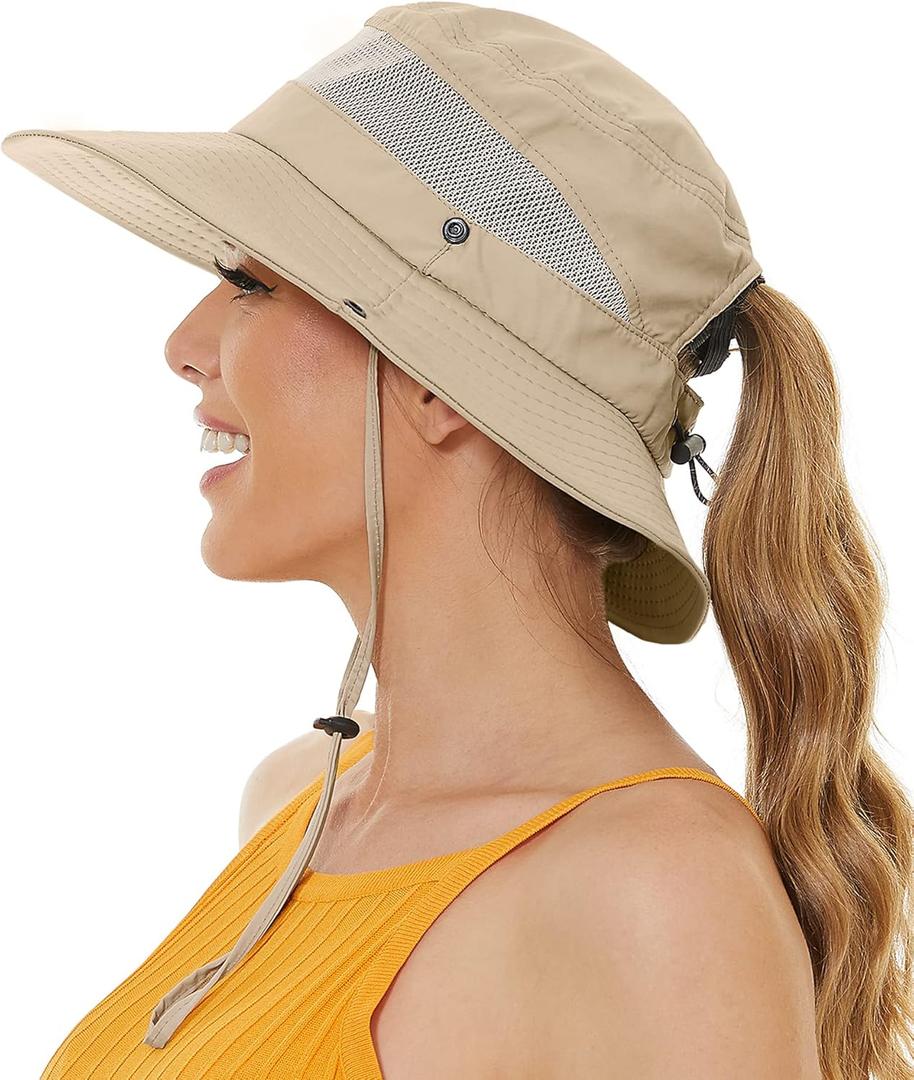 Sun Bucket Beach Hats for Women with Ponytail Hole,Sun Protection UV UPF50+ Waterproof Fishing Safari Hiking Hat (One Size, Khaki)