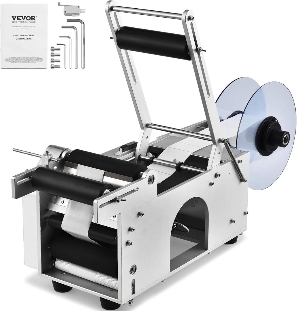 VEVOR Semi-Automatic Round Labeling Machine, 20-50pcs/min, Electric Bottle Label Applicator for Round Bottles, Round Bottle Labeler Suitable for Diameter 0.78-4.72 inches (with Pressing Bar)