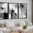 Large Framed Canvas Wall Art - Retro Grey Graffiti Pictures for Living Room Rustic Abstract Wall Decor Vintage Prints for Bedroom Dinning Room Black Float Framed 24" X 36" X 3 pcs