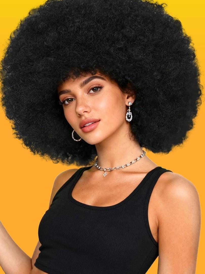 Afro Wig 70s Curly Wigs for Black Women Natural Looking Bouncy Huge Fluffy Puff Wig Synthetic Hair for Daily Cosplay and Party (Black)