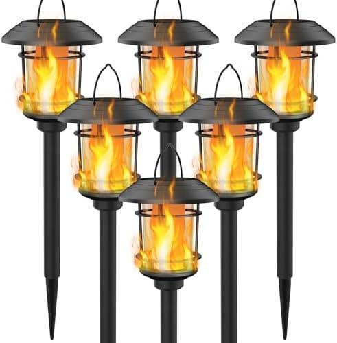 Dynaming 6 Pack Solar Flame Torch Lights Outdoor, Halloween Dual Use Flickering Flame Garden Light, Christmas Hanging Lanterns, Auto On/Off & Waterproof Lighting for Lawn Patio Yard Walkway Driveway
