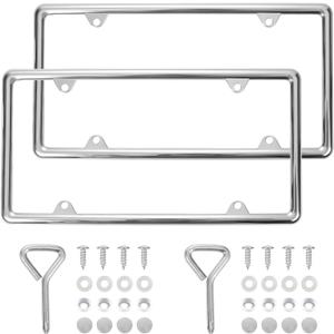 Chrome License Plate Frames Made of Zinc Alloy Metal, Universal Car Accessories,2Pack Front & Rear License Plate Holders Never Rust and Unbreakable with All Mounting Hardware Included