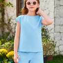 Haloumoning Girls Summer Outfits Casual Lounge Set Cap Sleeve T Shirt and Elastic Waist Shorts 2 Piece Clothing Sets (Blue, S)
