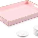 Pink Serving Tray and Coaster Set Contains 1 Pink Rectangular Tray with Handles-15.7 x 10.2 Inch, and 6 Marble Style Coasters, Morden Decorative Platter for Bathroom, Ottoman, Home Decor