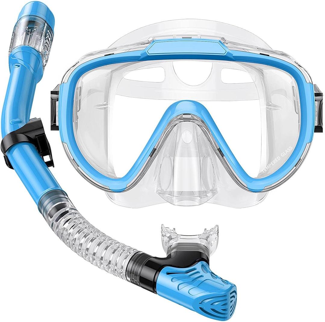 Snorkel Set Adults Snorkeling Gear Anti-Fog Panoramic View Swim Mask Dry Top Snorkel Kit with Carry Bag for Snorkeling Scuba Diving Swimming Travel (Light Blue+Transparent)