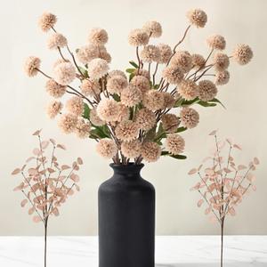 Waipfaru 12pcs Fake Silk Pompon Mum Artificial Flowers, Bulk Faux Mini Chrysanthemums with Eucalyptus Stems, for Centerpieces Wedding Fillers Champagne Arrangements Boho Decor, No vase, Beige