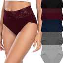 Wealurre Womens Underwear Cotton Bikini Panties for Women High Waisted Lace Hipster Stretch Briefs for Ladies 5 Pack(Size M)