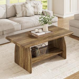 LITTLE TREE 2-Tier Coffee Table with Storage Shelf, 47.2" Long Thickened Tabletop, Smooth Edges, Rectangle Center Living Room Table, Easy to Assemble, Rustic Brown