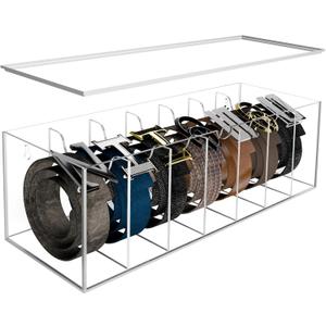 SIKWO Acrylic Belt Organizer with Flap Dust Cover – 7Compartment Clear Storage Case for Belts, Ties & Bow Ties | Closet & Drawer Display Holder for Men & Women