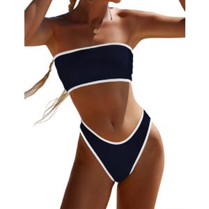 YIMISAN Women's Two Piece Bandeau Swimsuit Ribbed Strapless Tube Bikini Top with Mid Waist Cheeky Bottom Bathing Suit (X-Large, Black & white)