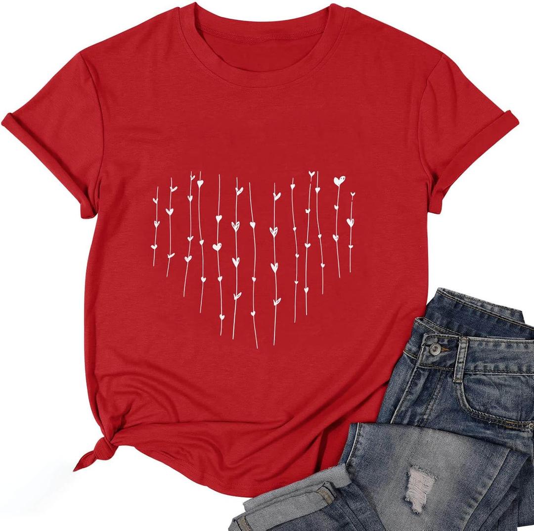 Valentines Shirt for Women Cute Love Heart Tshirts Casual Hearts Graphic Tee Tops for Her (Red, XL)