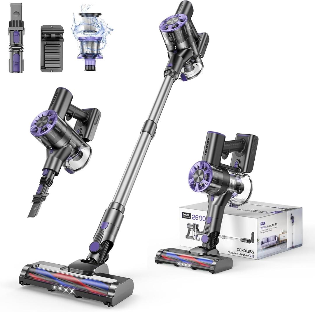Comvtu Cordless Vacuum Cleaner Rechargeable with 2600mAh Detachable Battery, Powerful Vacuums with 2 Adjustable Modes, Lightweight Portable Stick Vacuum for Home (Ink Purple)