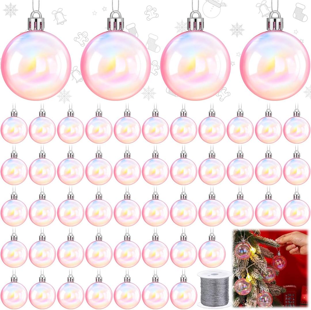 Syhood 48 Pcs 2 Inch Christmas Iridescent Ornaments Clear Ball DIY Bubble Pot Iridescent Balls Christmas Hanging Rainbow Ball for Xmas Tree Halloween Party Decor(Pink) (1.97 Inch)