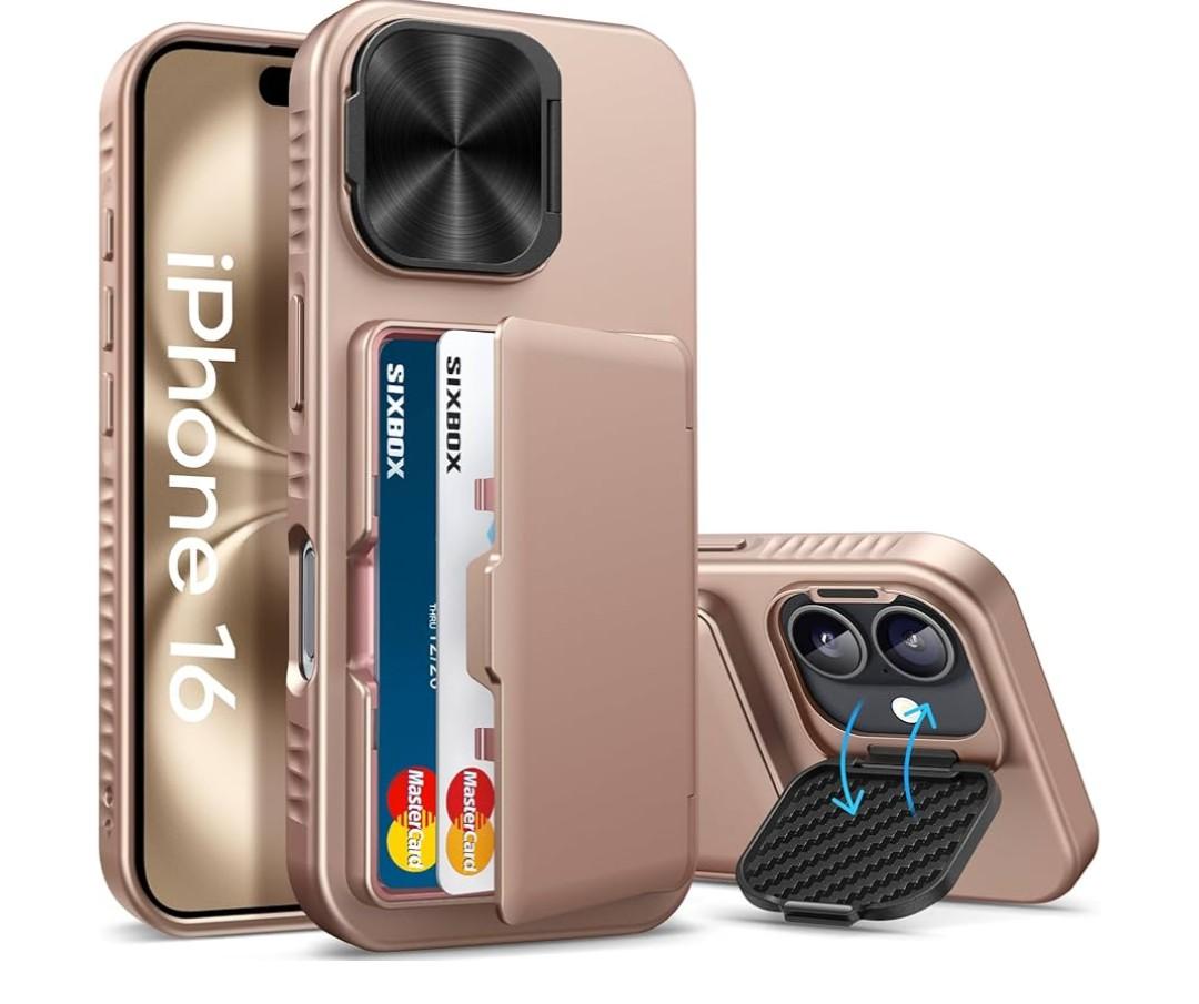 for iPhone 16 Case with Card Holder & Camera Lens Cover & Stand, Military Grade Drop Protection Shockproof Rugged Kickstand Wallet Protective Phone Case Cover for iPhone 16 6.1" 2024, Rose Gold