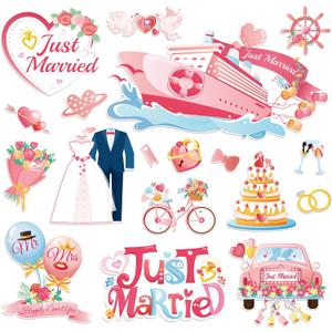 PHOGARY 18pcs Just Married Magnets for Honeymoon Cruise Door Decorations, Just Married Mr Mrs Magnet Elegant Cruise Magnets for Cabin Metal Door Magnetic Sign Honeymoon Anniversary Wedding Party Decor